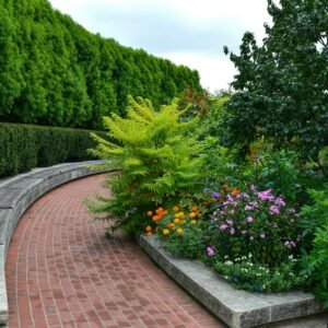 Jardín diseñado con sendero, árboles y vegetación